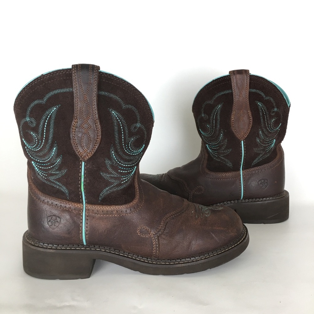Ariat Fatbaby Heritage Dapper Western Boots Dark Brown Leather Teal Stitching - Picture 10 of 14